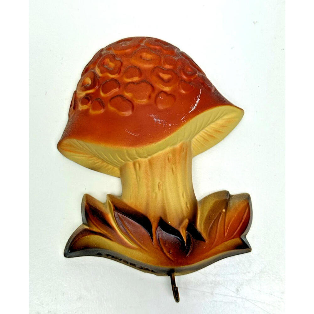 Vtg Mushroom Chalkware w/Hook 70s Wall Kitsch Decor Orange Brown Single - Picture 5 of 13